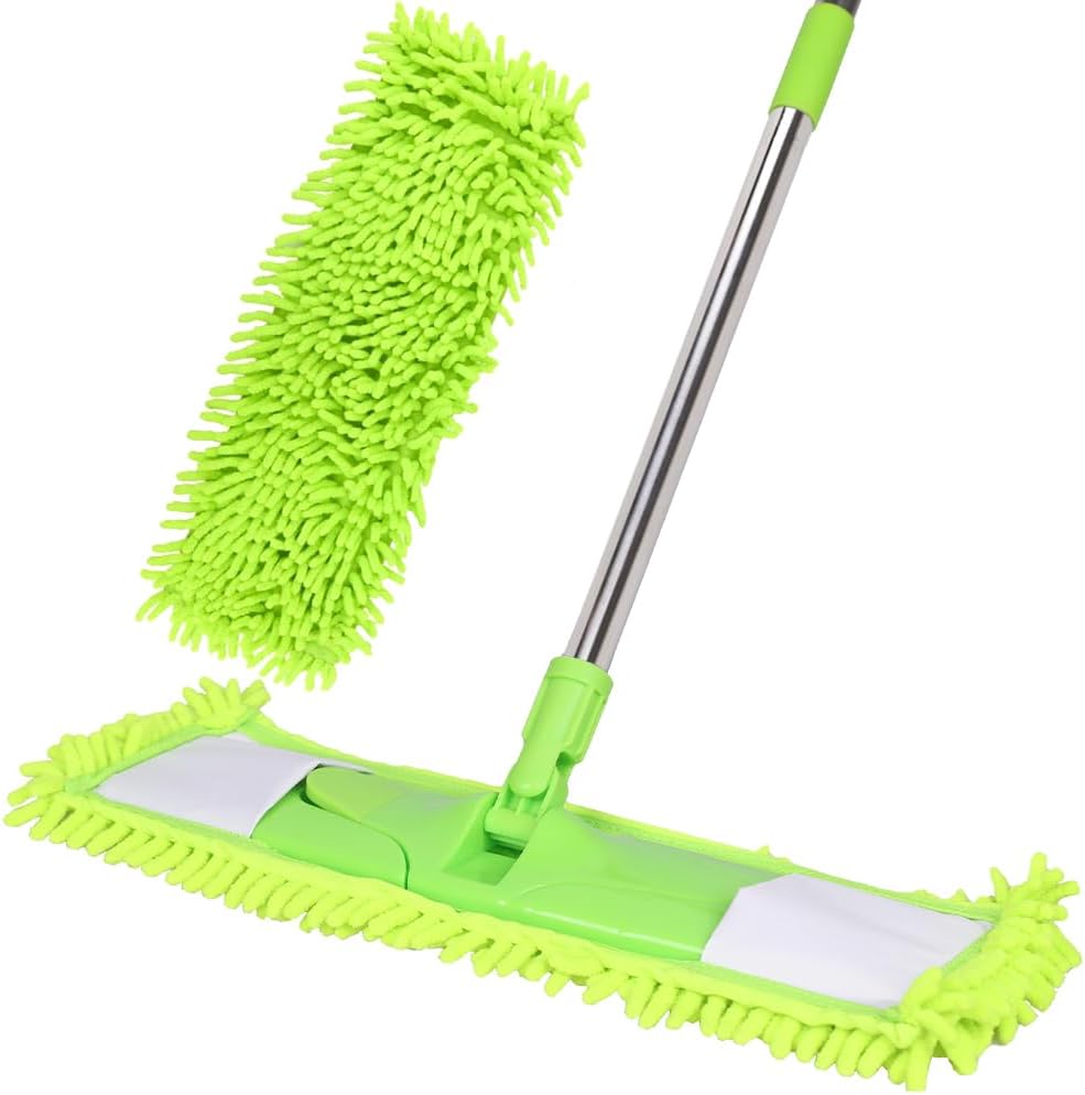 Dust Mop for Floor Cleaning with 2 Washable Chenille Pads and Extendable 58” Long Handle, Dry Wet