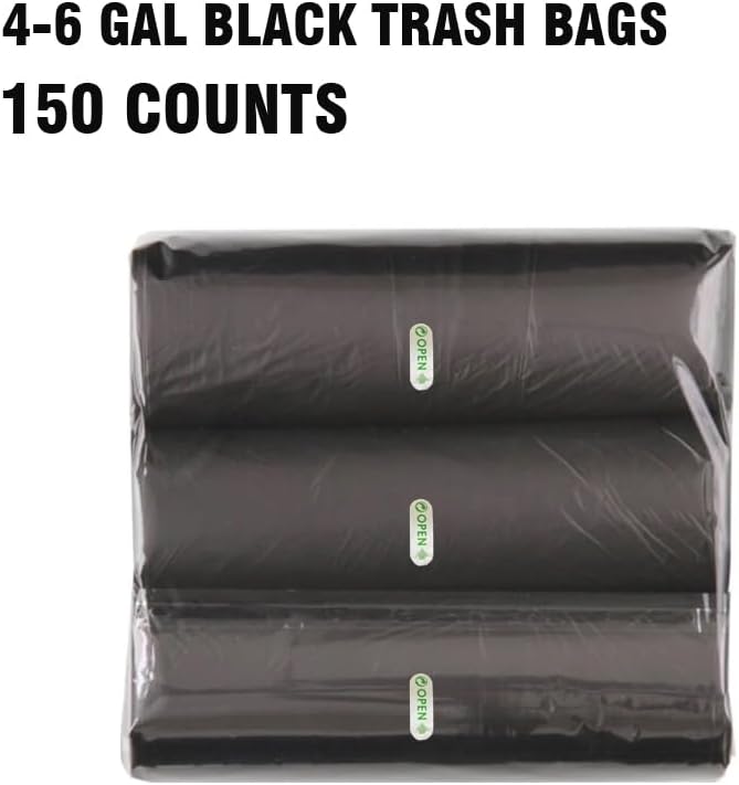4-6 Gallon Trash Bags, 150 Count Black Garbage bags, Multi-purpose Trash Can Bin Liners for