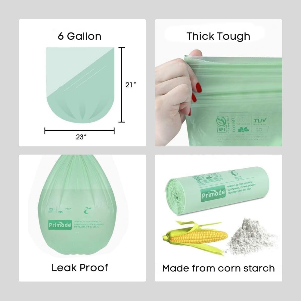 Primode Compostable Bags, 6 Gallon Food Scraps Yard Waste Bags, 100 Count, Extra Thick 0.87 Mil.