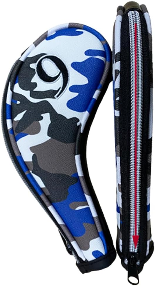 9pcs PU Leather Camouflage Blue Zipper Long Neck Design Golf Iron Headcovers Both Side Number Golf