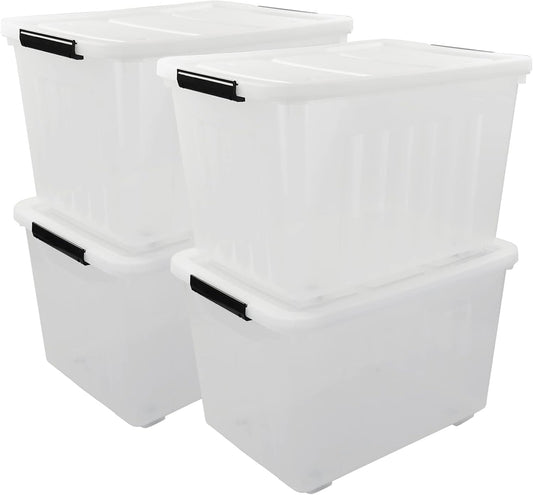 4 Packs 70L Large Plastic Storage Container with Wheels and Latching Lid, Stackable Storage