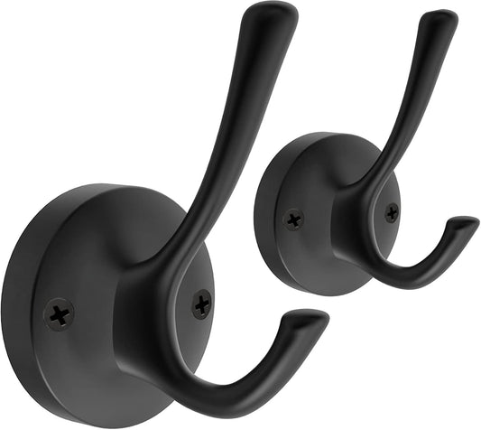 Black Towel Hooks, 2 Pack Coat Robe Hook Heavy Duty Metal Double Bathrobe Hook Wall Mounted, Hand