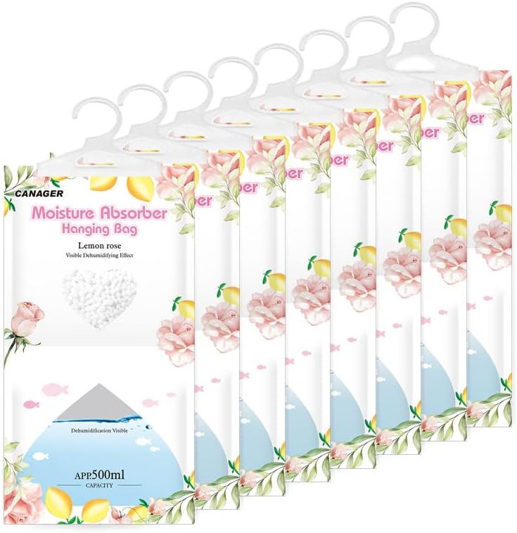 CANAGER Hanging Moisture Absorber, Lemon Rose Moistureproof Hanging Bag，Dehumidifier Bag (8 packs)