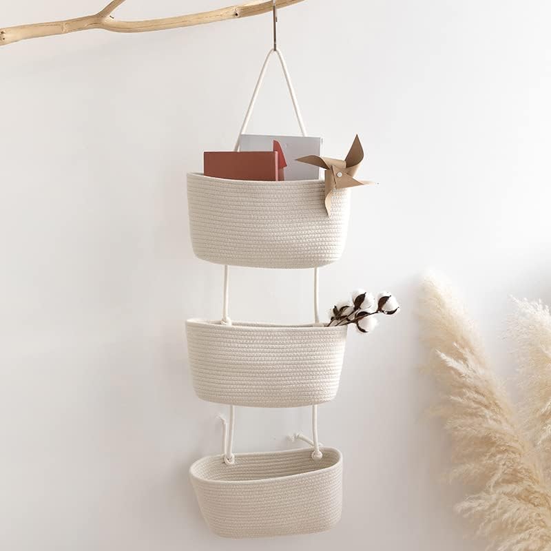 TeoKJ Over the Door Hanging Baskets, 3-Tier Woven Cotton Storage Organizer Bag with Hooks