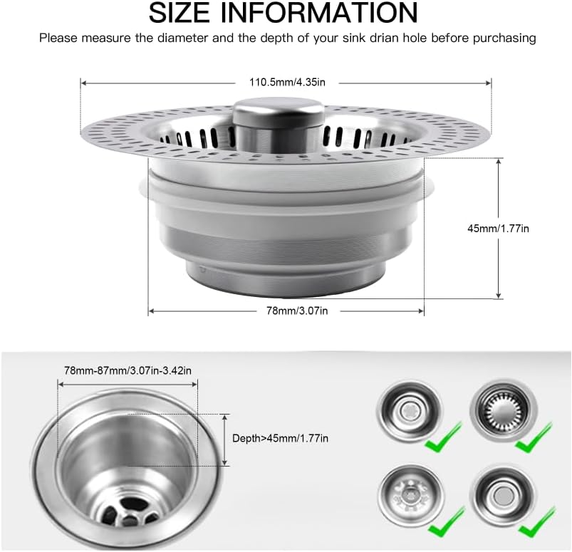 3 in 1 Kitchen Sink Drain Strainer Stopper, Stainless Steel Pop Up Sink Stopper with Anti-Clogging