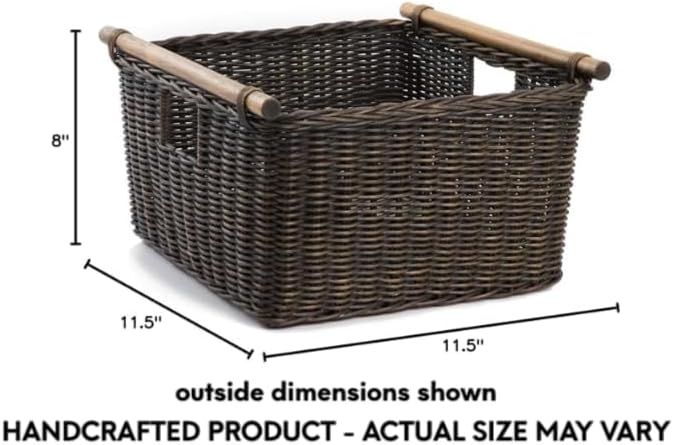 The Basket Lady Deep Pole Handle Wicker Storage Basket, Small, 11.5 in L x 11.5 in W x 8 in H