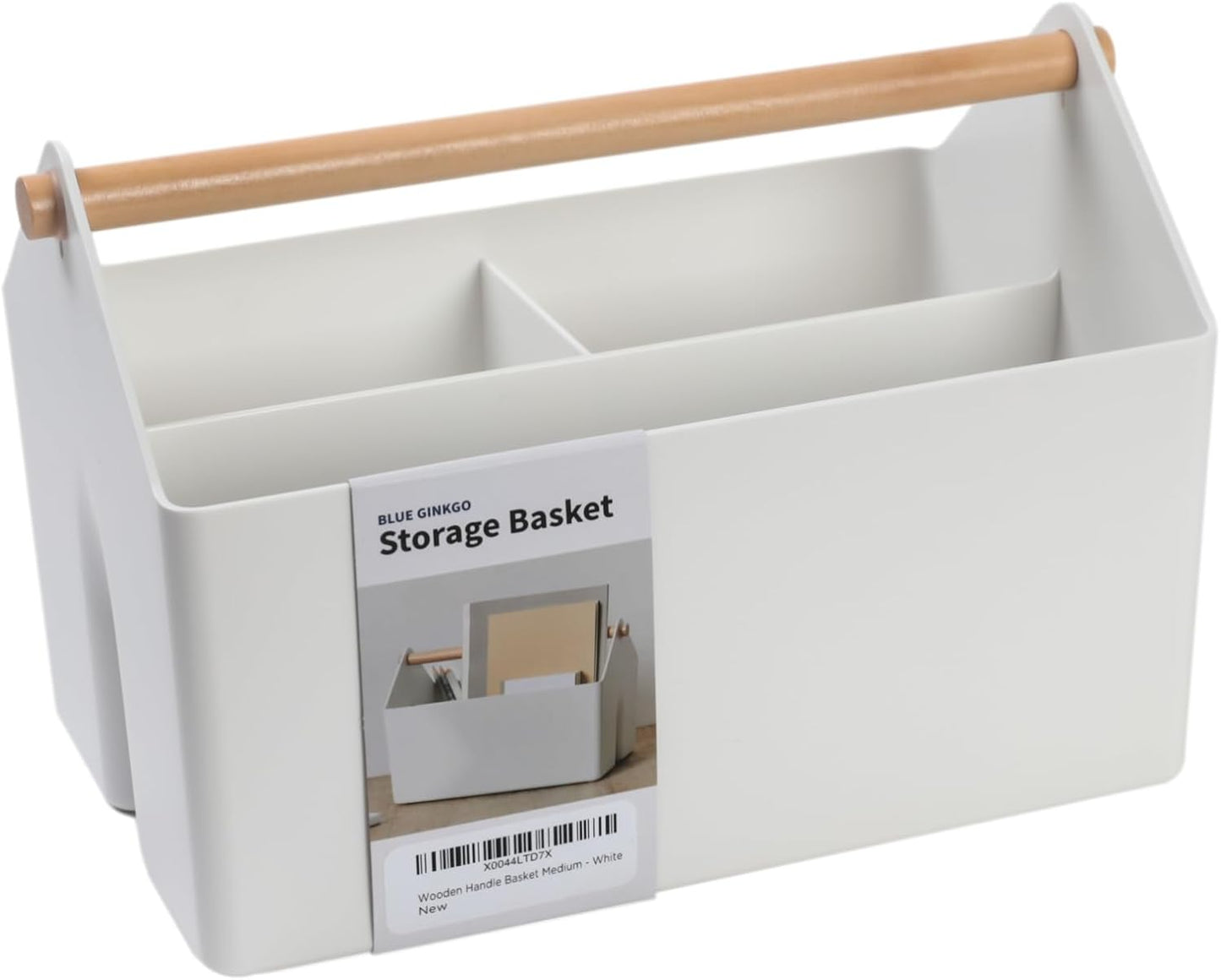 BLUE GINKGO Medium Storage Basket – Plastic Caddy with Wooden Handle for Office, Arts & Crafts, or