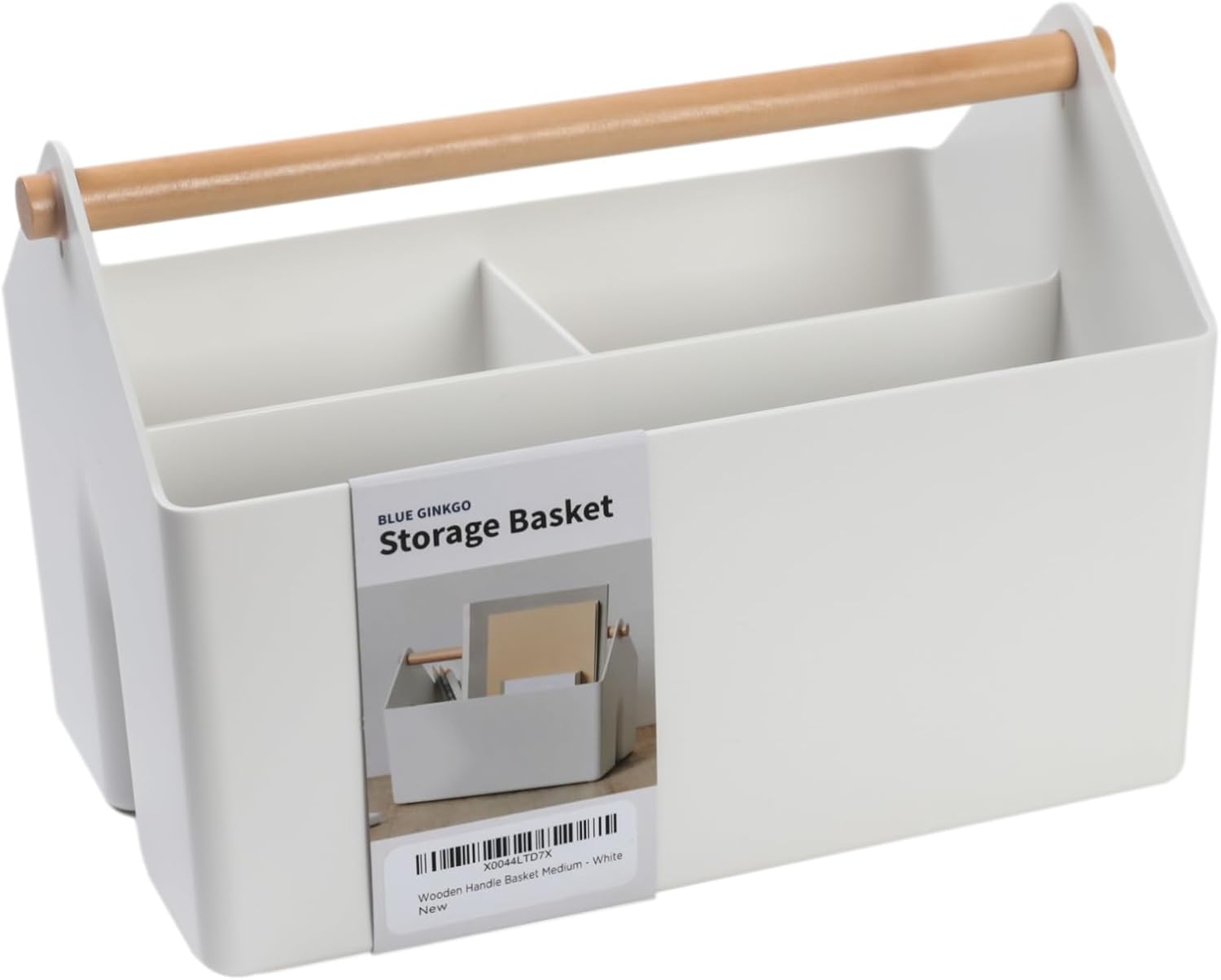BLUE GINKGO Medium Storage Basket – Plastic Caddy with Wooden Handle for Office, Arts & Crafts, or