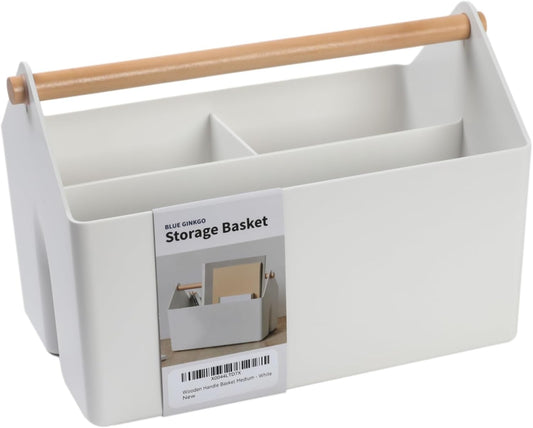 BLUE GINKGO Medium Storage Basket – Plastic Caddy with Wooden Handle for Office, Arts & Crafts, or