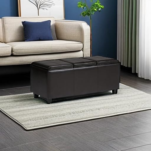 SIMPLIHOME Avalon 42 inch Wide Contemporary Rectangle Storage Ottoman in Tanners Brown Vegan Faux