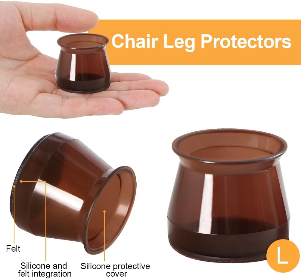 32 Pcs Silicone Chair Leg Floor Protectors for Hardwood Floors, Brown Felt Bottom Chair Leg Covers