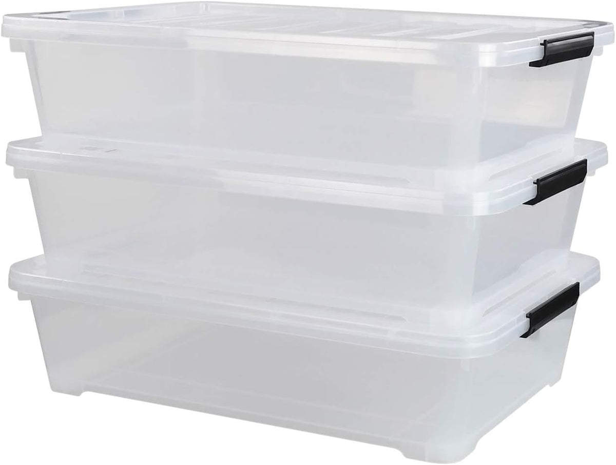 3-Pack Plastic Under Bed Storage Box Container, 40 Quart Clear Stackable Storage Box Wheeled