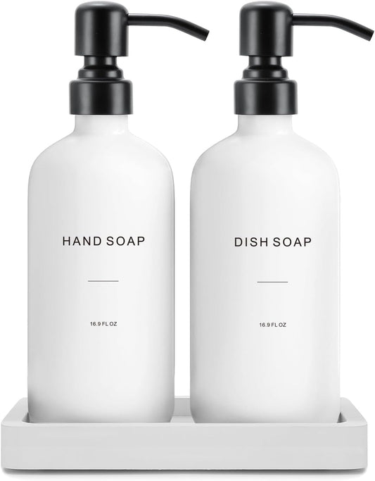 Kitchen Soap Dispenser Set, White Soap Dispenser with Black Stainless Steel Pump, Perfect for