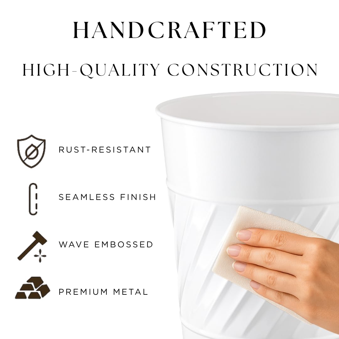Monarch Abode White Handcrafted Wave Embossed Metal Wastebasket for Home Office Bedroom, Decorative