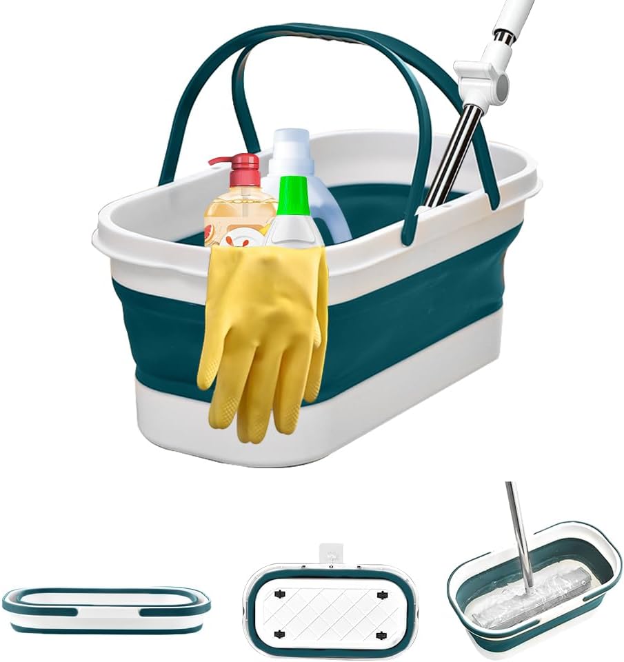 Collapsible Mop Wash Basin Bucket with Handle and Wheels, 12L (3.2 Gallon) Portable Plastic Basket