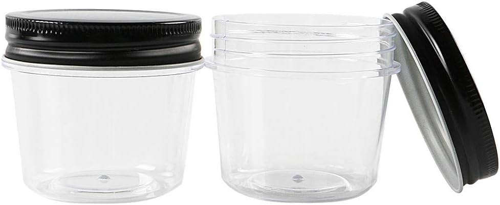 Novelinks 4 Ounce Plastic Jars with Black Lids - Refillable Round Clear Containers for Kitchen &