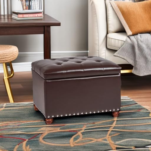 Leather Storage Ottoman Bench Foot Rest Stool with Nailhead Trim (Dark Brown - Button Tufted