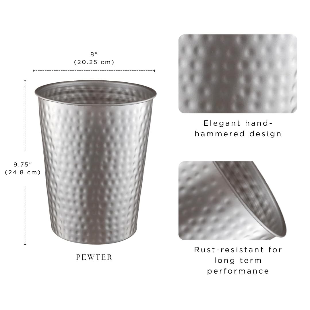 Monarch Abode Pewter Hand Hammered Metal Wastebasket for Home Office Bedroom, Decorative Waste