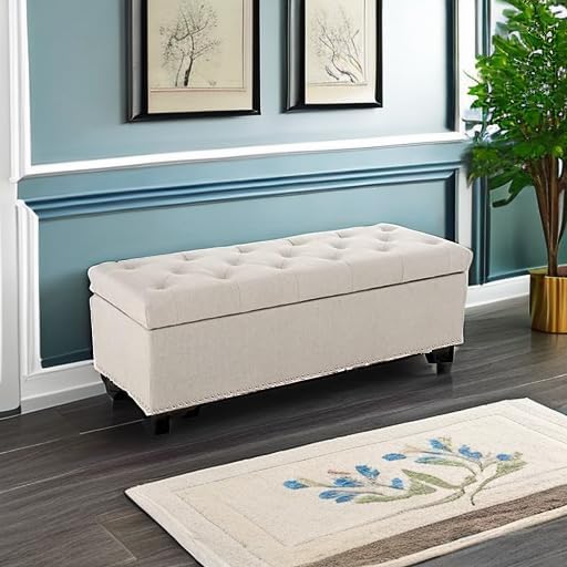 BELLEZE 47" Storage Ottoman, Storage Bench with Safety Close Hinge, Linen Button-Tufted Ottoman for