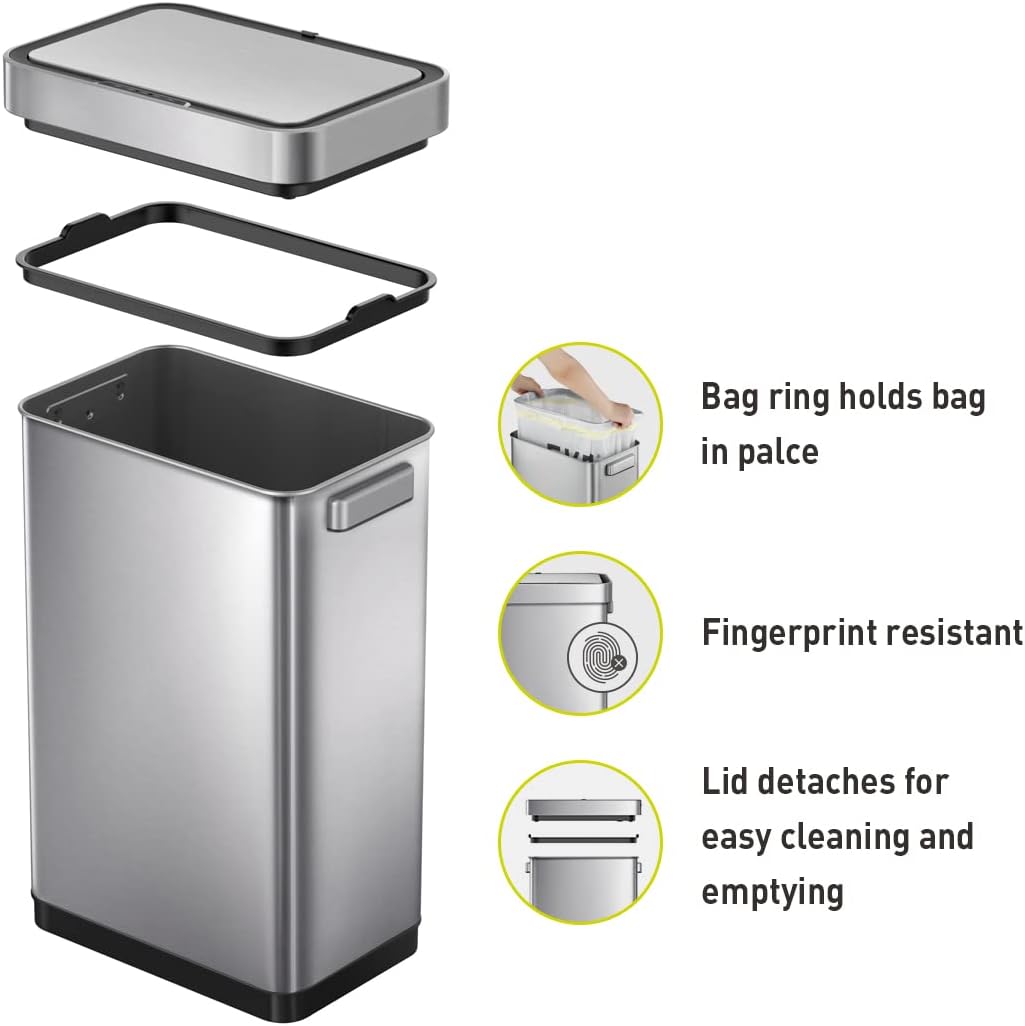 EKO Deluxe Mirage-T 50 Liter / 13.2 Gallon Touchless Rectangular Motion Sensor Trash Can, Matte