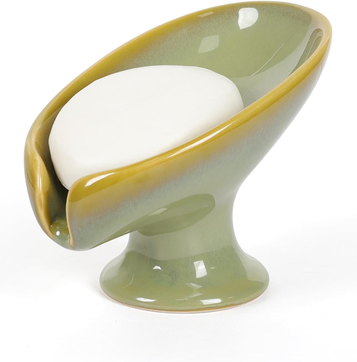 Soap Dish, Self Draining Bar Soap Holder for Bathroom Sink, Leaf Shaped Drainage Ceramic Olive