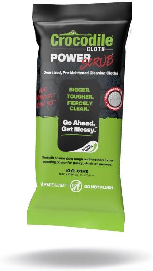 Crocodile Cloth PowerSCRUB Cleaning Wipes – 10 (15" x 10") Dual-Surface Cloths, Heavy-Duty, Moist