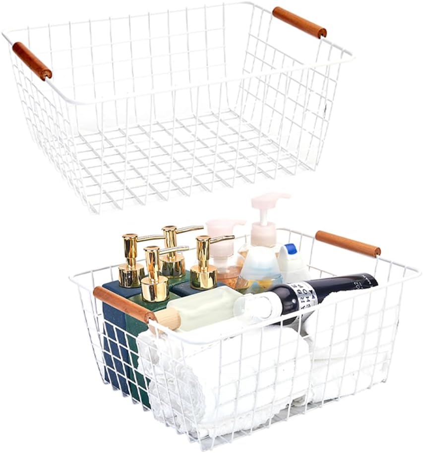 LeleCAT Large white wire baskets with Wooden Handles for storage pantry, Storage Organizer Baskets