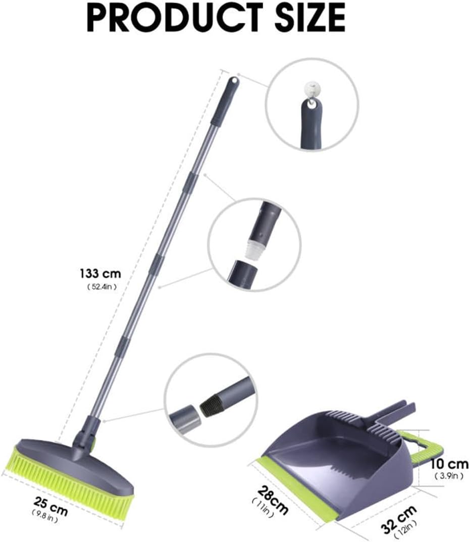 Adjustable Rubber Push Broom and Dustpan Set,Self Cleaning Indoor Outdoor Angle Brooms with Dust