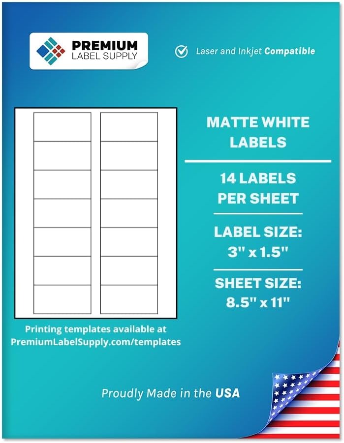 Premium Label Supply White Sticker Bottle Labels – 3" x 1.5" – Laser/Inkjet Compatible – (14 per