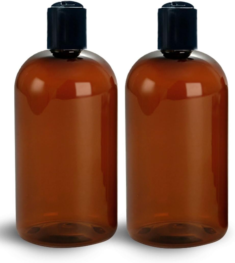 ljdeals 16 oz Amber Plastic Empty Bottles with Black Disc Top Caps, Refillable Containers for