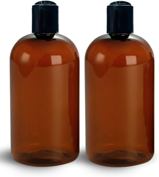 ljdeals 16 oz Amber Plastic Empty Bottles with Black Disc Top Caps, Refillable Containers for