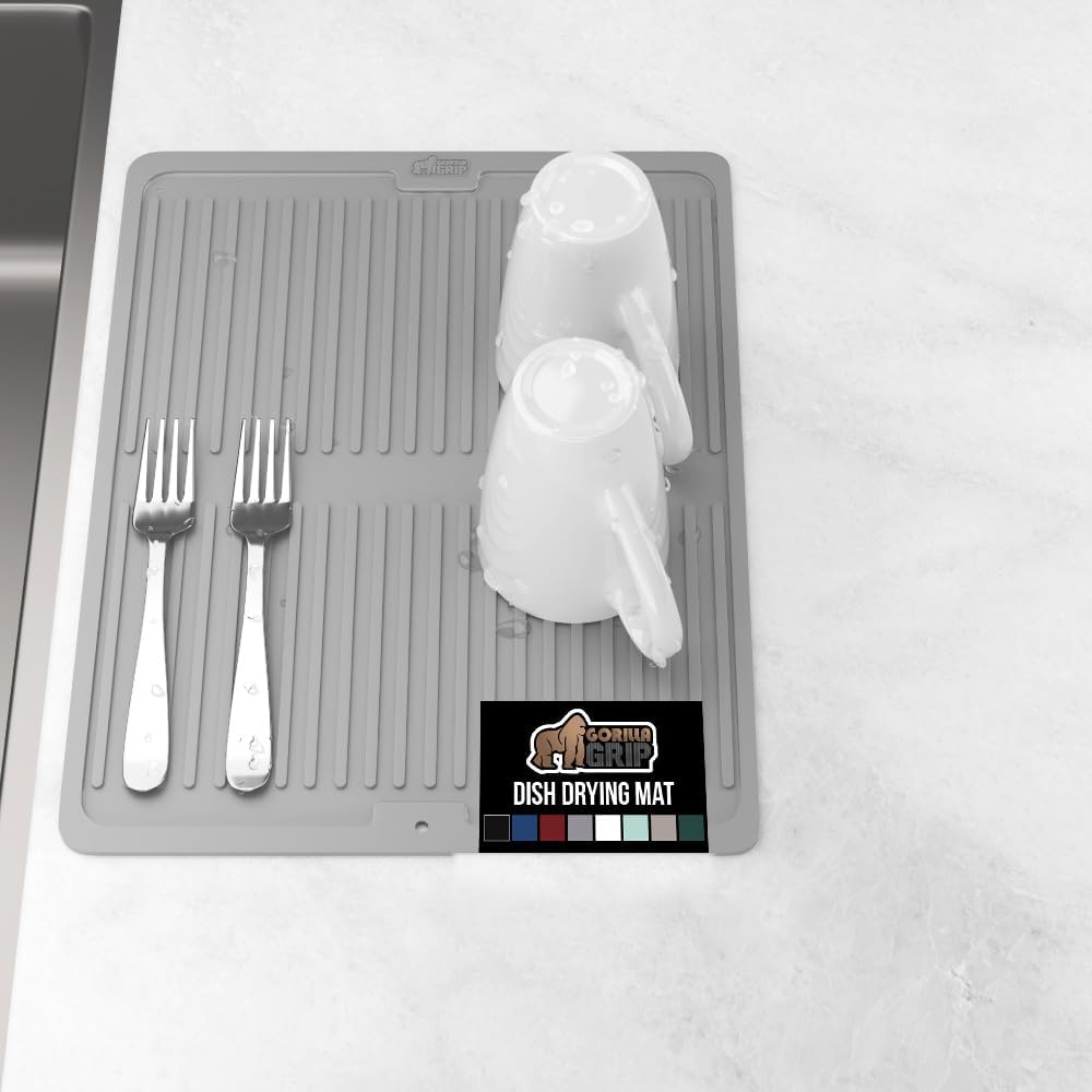 GORILLA GRIP 100% BPA-Free Patented Silicone Dish Drying Mat for Kitchen Counter, Water Catching
