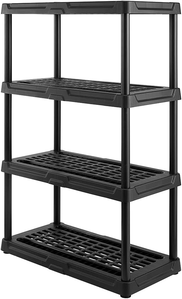 CX 4-Tier (53”H x 36”W x 18”D) Plastic Storage Shelving Unit (Black), Heavy Duty, 150lbs Per Shelf