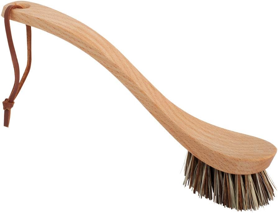 Redecker Curved Dish Brush, Natural Union Plant Fiber Bristles, Ergonomic Design with Oiled