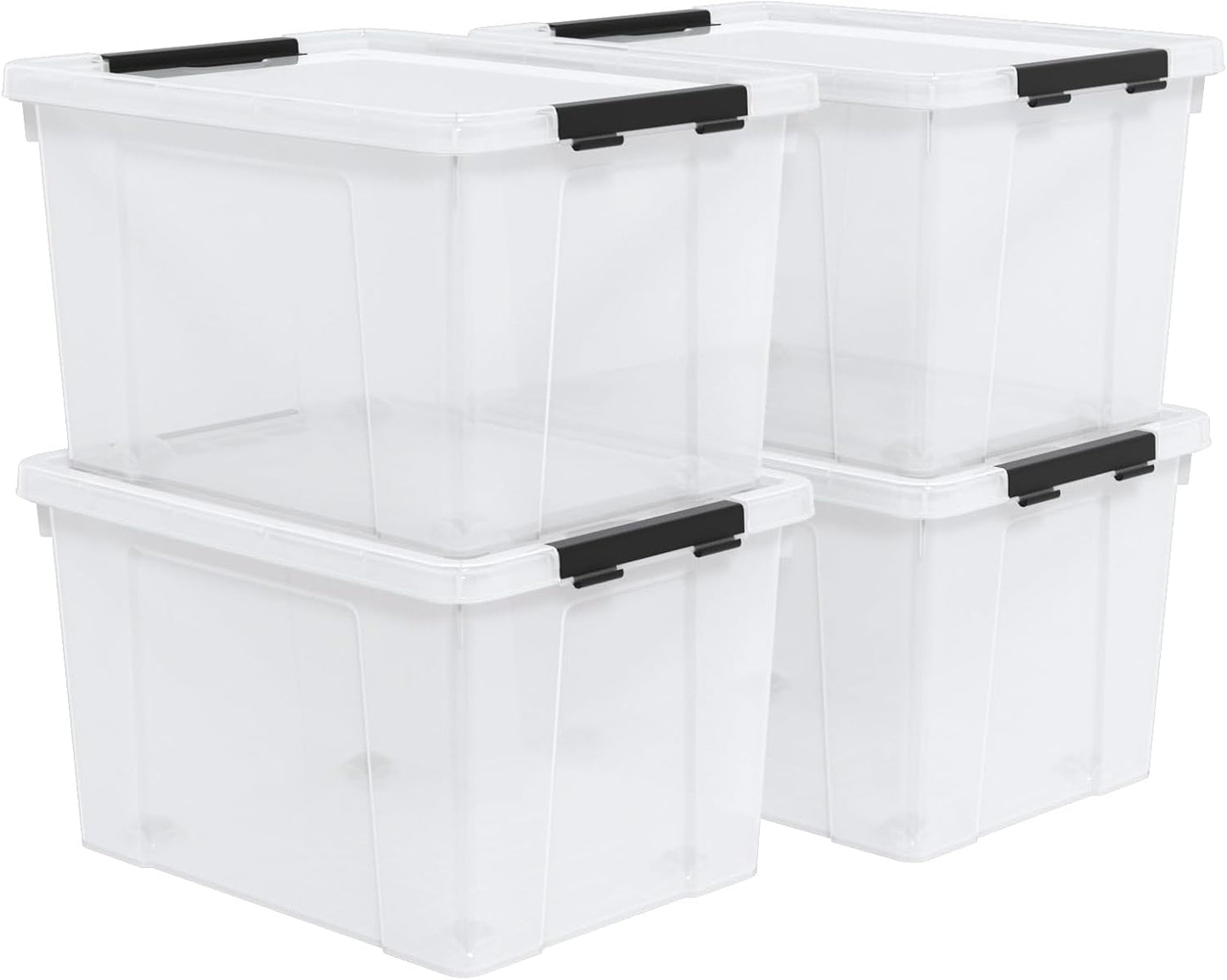 Set of 4 50 L Stackable Plastic Storage Container with Latching Lids and Wheels, Clear Home Garage