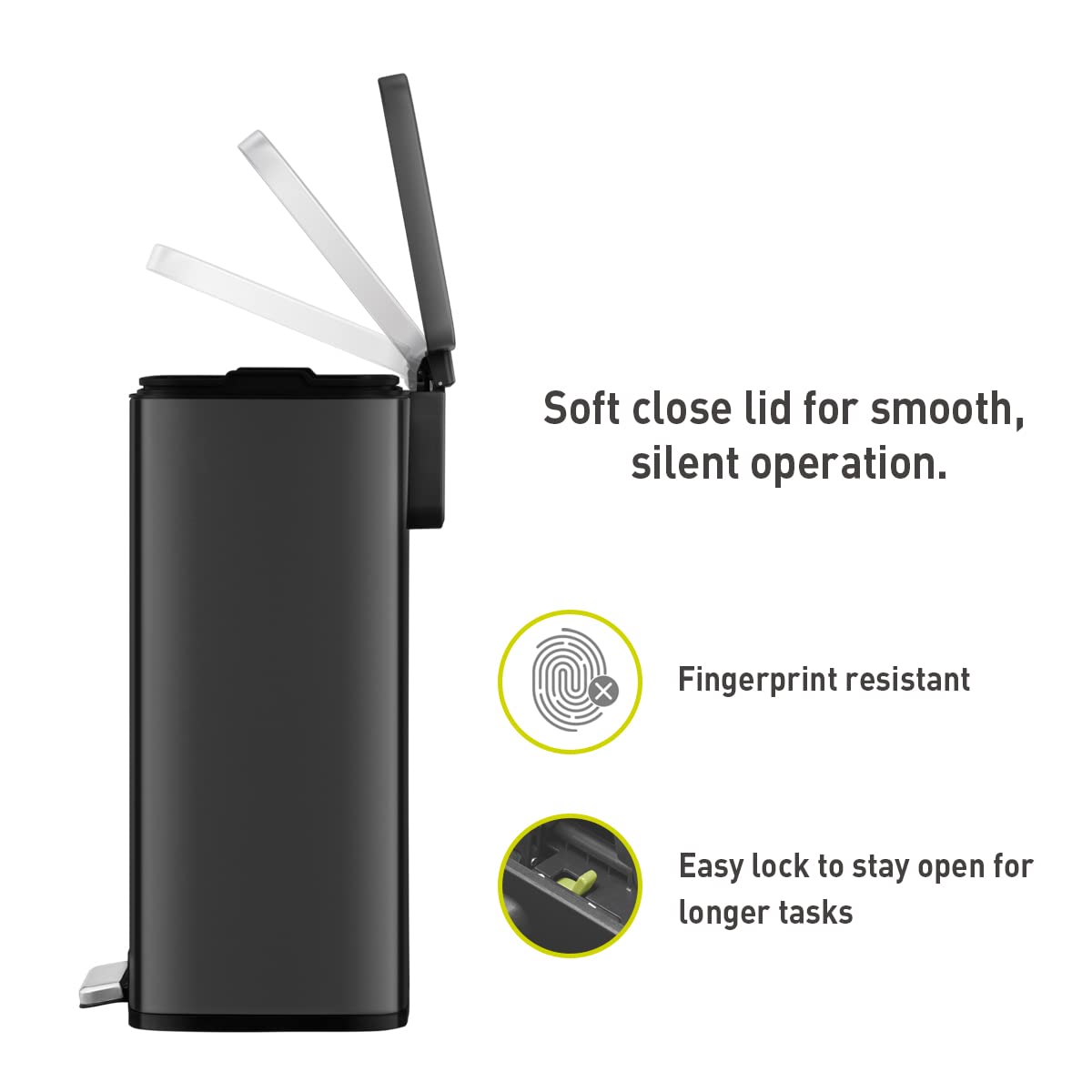 EKO Madison Matte Black 50 Liter/13.2 Gallon Step Trash Can with Inner Liner - Fingerprint