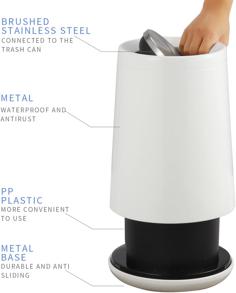Household Swing White Bathroom Trash Can，Brushed Stainless Steel，10 L/3 Gallen，Garbage Can with