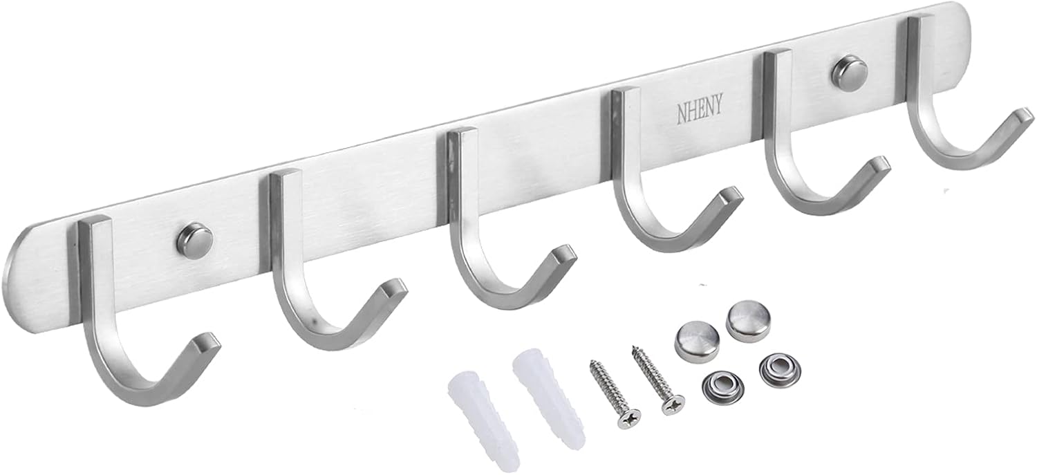Coat Hook Wall Mount Towel Rack with 6 Hooks Hanger for Hanging Clothes, Bags, Keys, and Towels