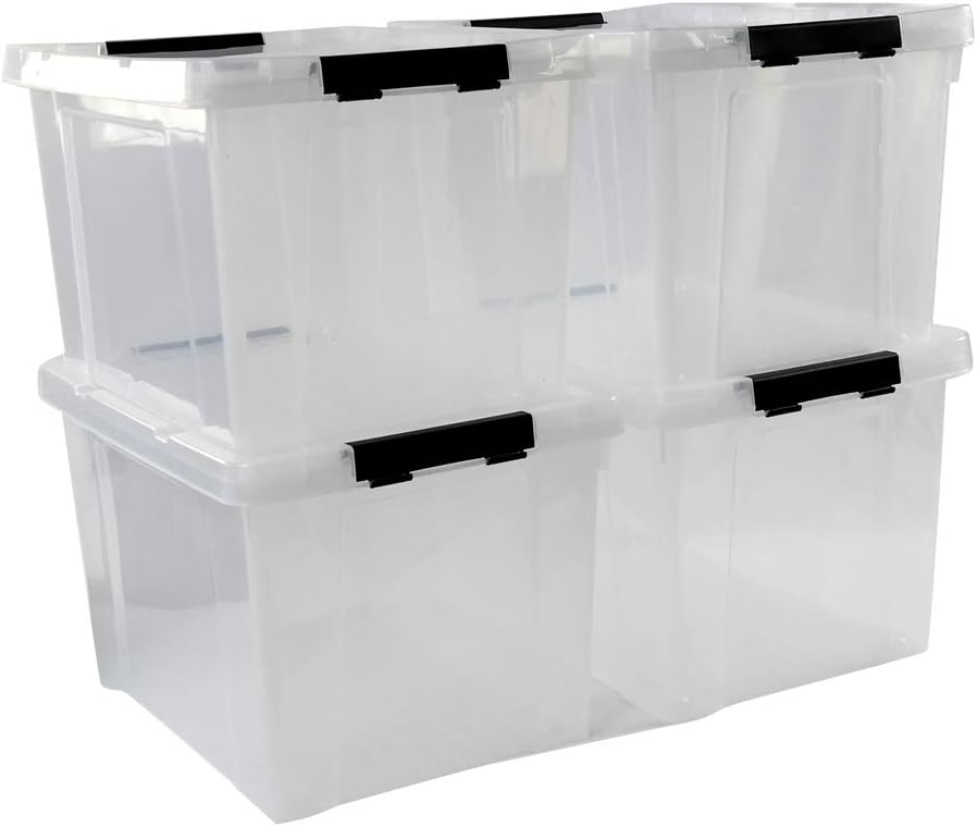 Ggbin 34 Quart Clear Lidded Storage Container Tote, Plastic Storage Box Bin with Black Latch, 4