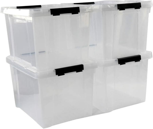 Ggbin 34 Quart Clear Lidded Storage Container Tote, Plastic Storage Box Bin with Black Latch, 4
