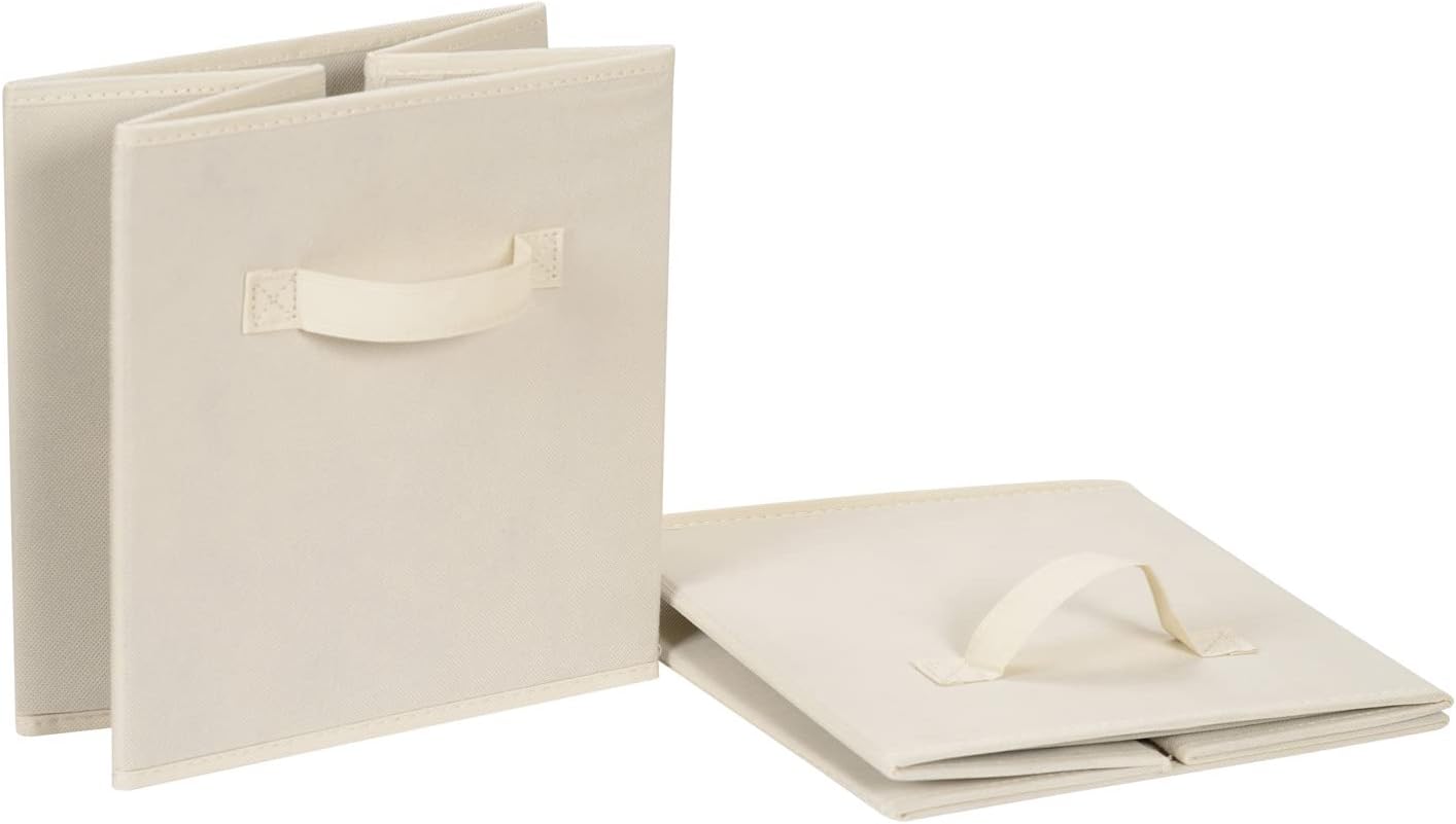 Amazon Basics Collapsible Fabric Storage Cube Bins Organizer with Handles, Sturdy, Beige