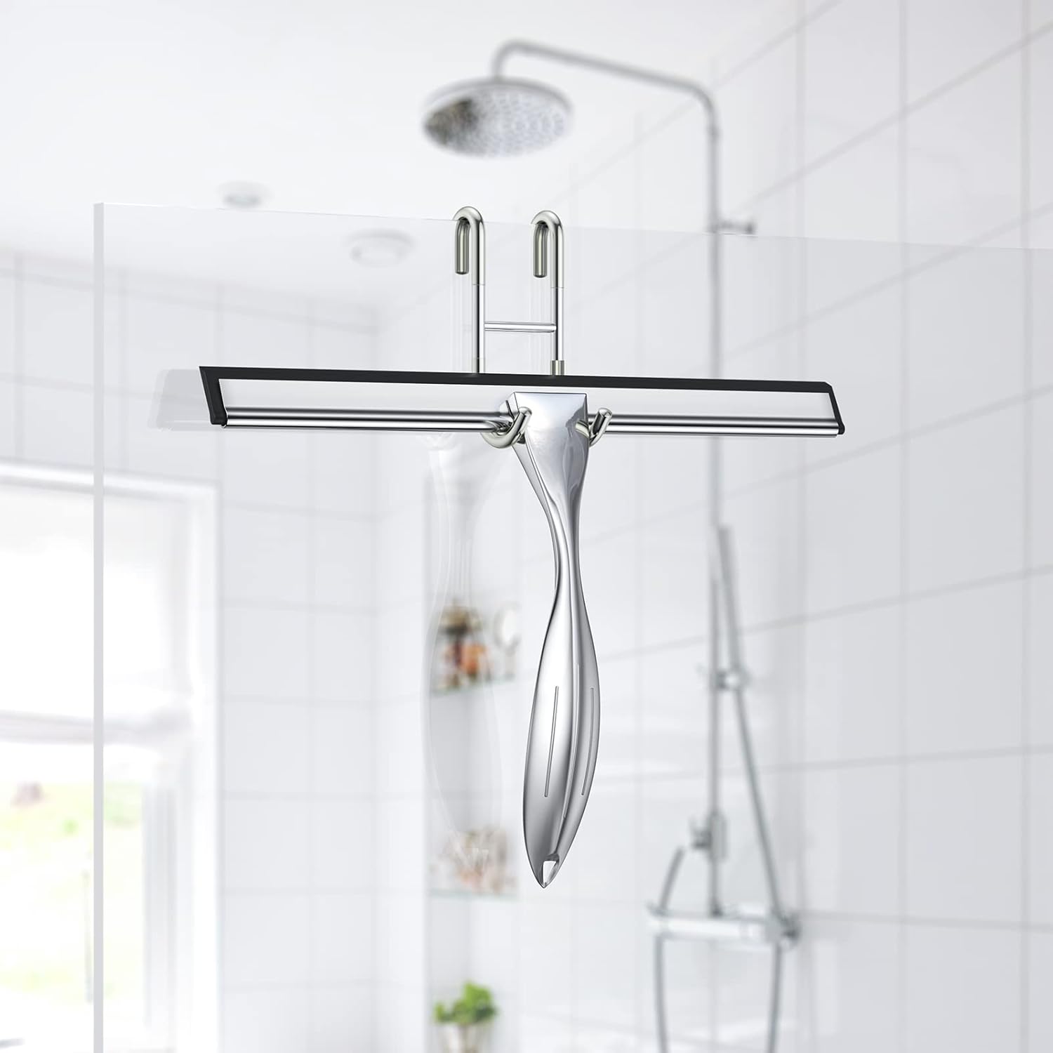 14-Inches Stainless Steel Shower Squeegee Set, Include Shower Door Hook, Adhesive Hook and Spare