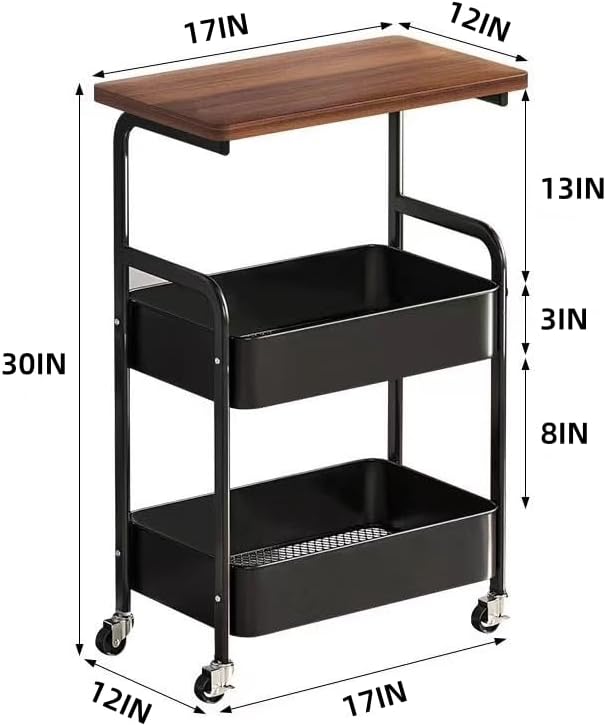3 Tier Metal Rolling Utility Cart Organizer with Walnut Table Top, Stable and Sturdy Rolling
