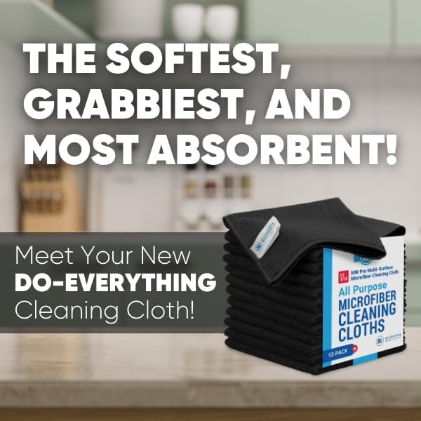 12" x 12" Pro Multi-Surface Microfiber Cleaning Cloths | Black - 12 Pack | Premium Microfiber