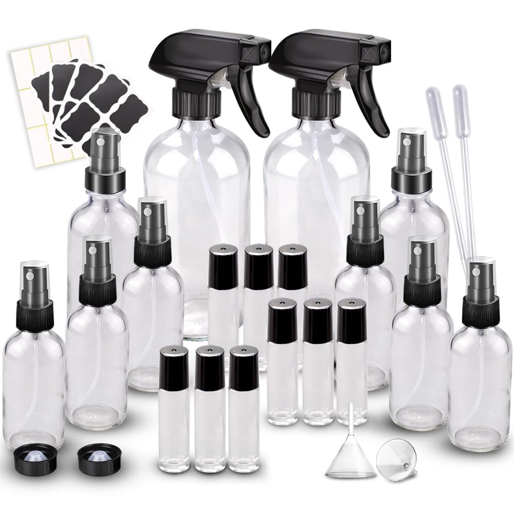 Glass Spray Bottle Kit×10 (2×16 oz, 2×4 oz, 6×2 oz), 9×10 ml Roller Bottles, Anti UV, Multi Size