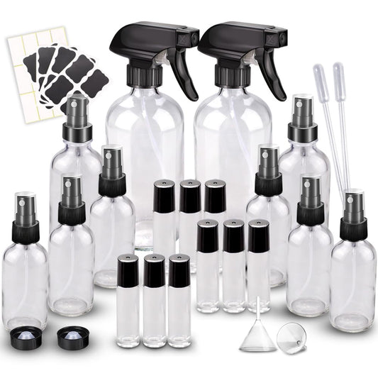 Glass Spray Bottle Kit×10 (2×16 oz, 2×4 oz, 6×2 oz), 9×10 ml Roller Bottles, Anti UV, Multi Size