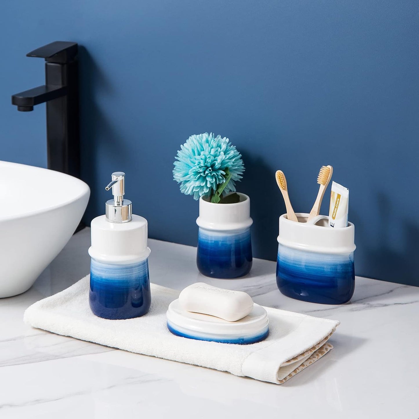 Navy Blue Ceramic Soap Dispenser for Kitchen, Refillable Hand Dispenser with Rust Proof Stainless