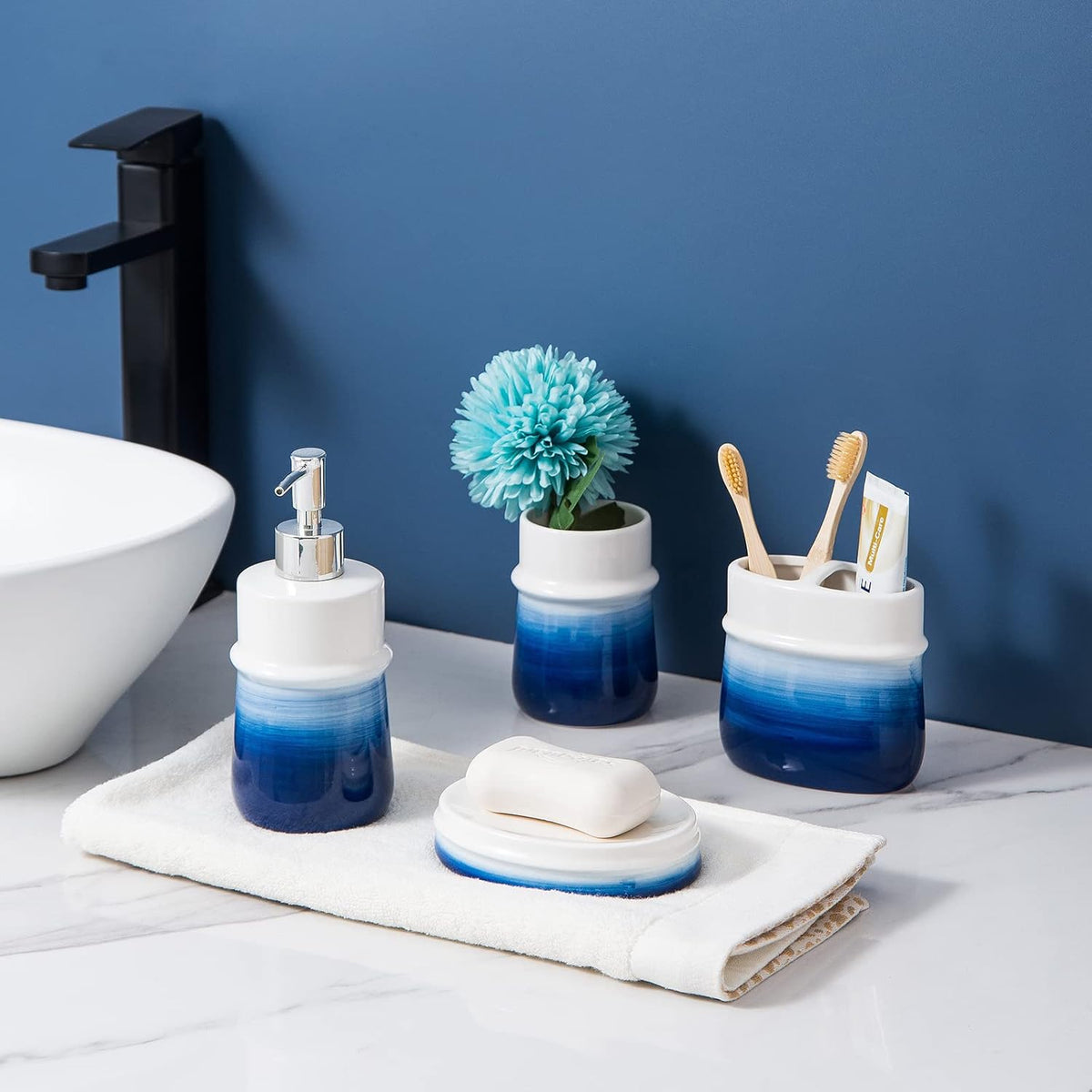 Navy Blue Ceramic Soap Dispenser for Kitchen, Refillable Hand Dispenser with Rust Proof Stainless