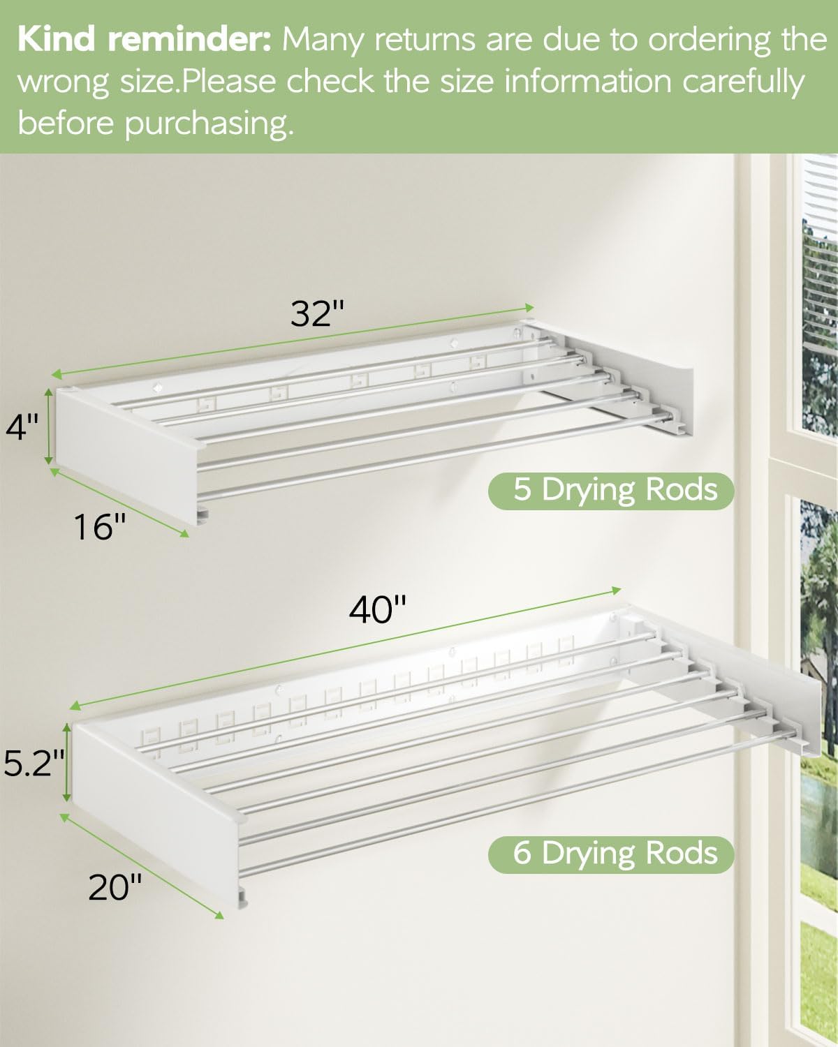 Wall Mounted Clothes Drying Rack 40 inches, Foldable Wall Mount Laundry Rack Folding Indoor, Drying