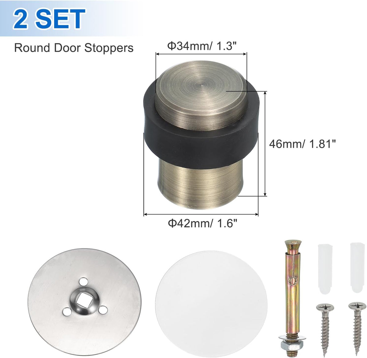 PATIKIL 2Set Round Door Stoppers, 46mm Stainless Steel Door Stop Doorstop Wedge Metal Cylinder Self